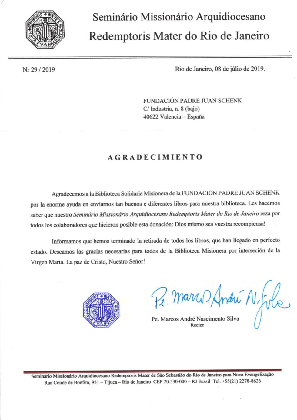 Carta de Agradecimiento de del rector del Seminário Missionário