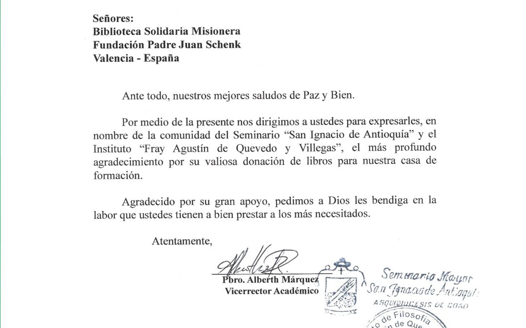 Carta de agradecimiento de la Arquidiócesis de Coro, Instituto «Fray Agustín de Quevedo y Villegas «